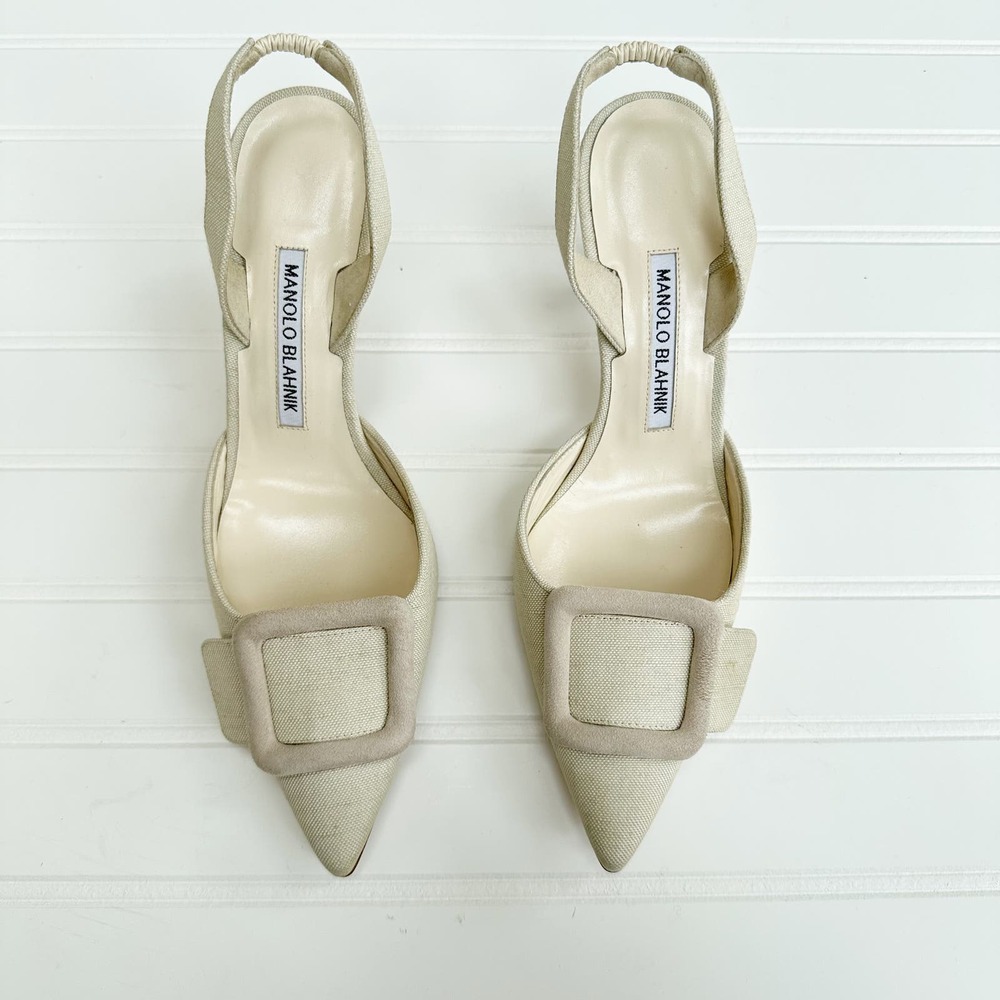 Manolo Blahnik Maysli Slingback Kitten Heel Buckle Canvas Suede Ecru Cream